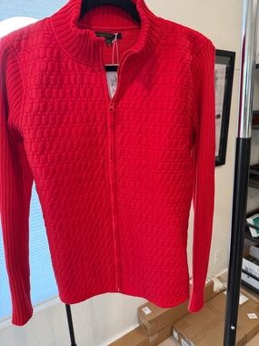 For Cynthia Quilted Zip Front Cardigan - Bright Red